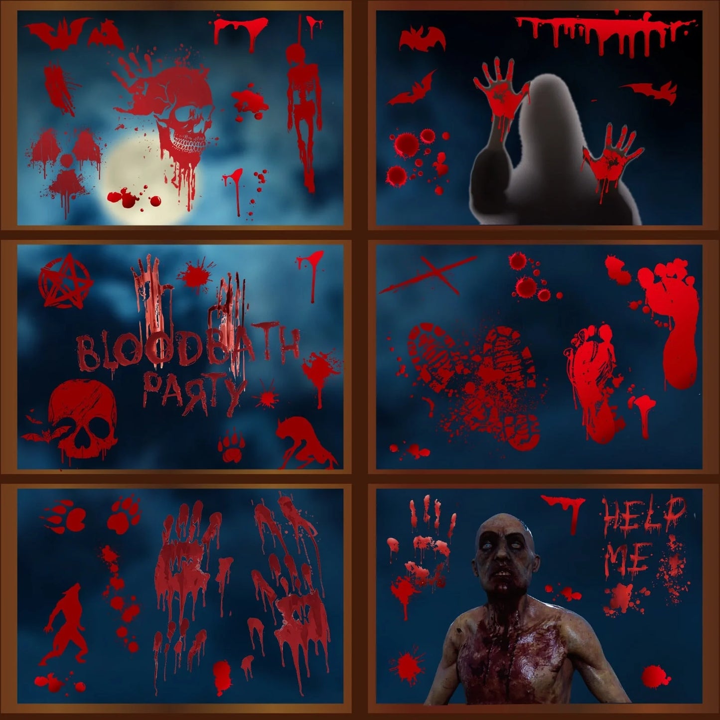 Halloween window stickers with realistic blood handprints and footprints for spooky decor