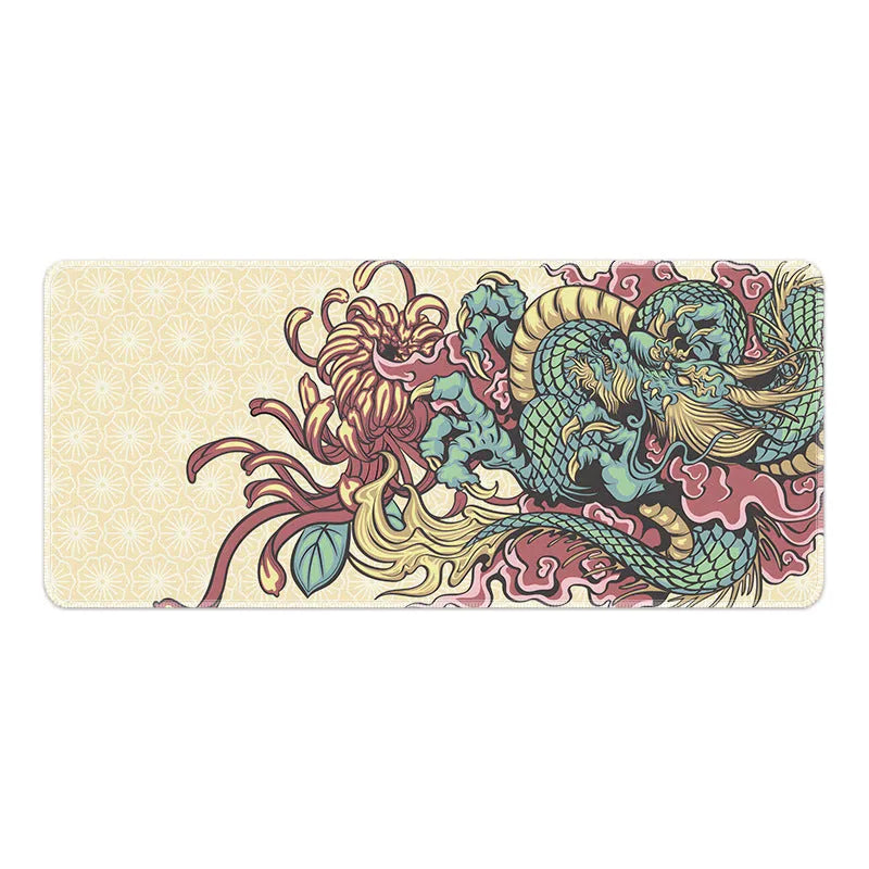 Flower Dragon design cloth mouse pad with non-slip base on a desk, showing size options.
