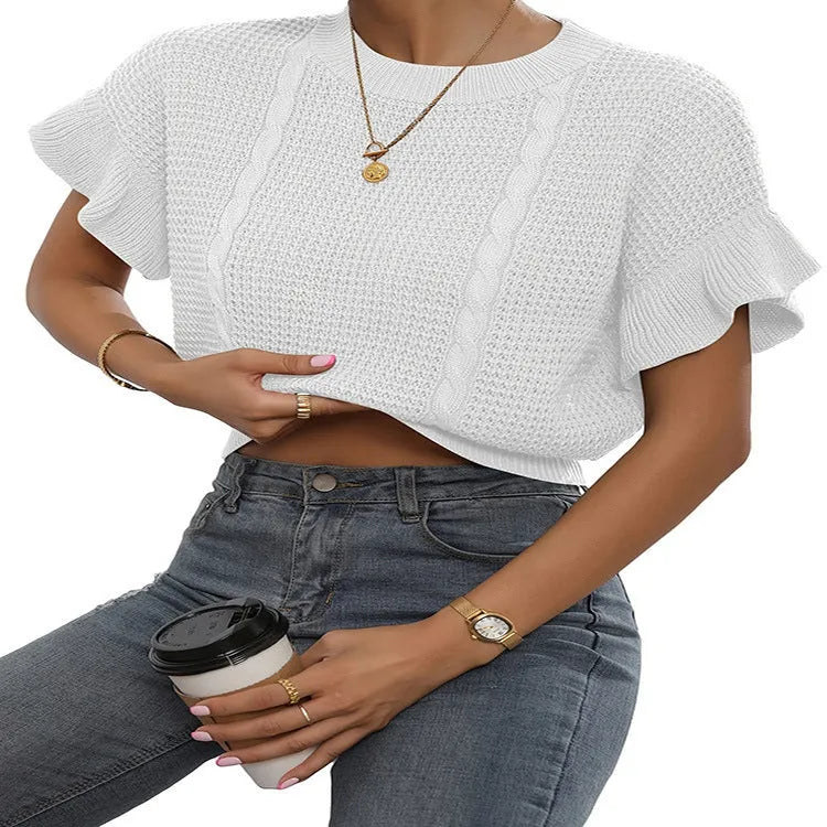 Twisted string pattern knitted pullover sweater with ruffled short sleeves in loose fit.