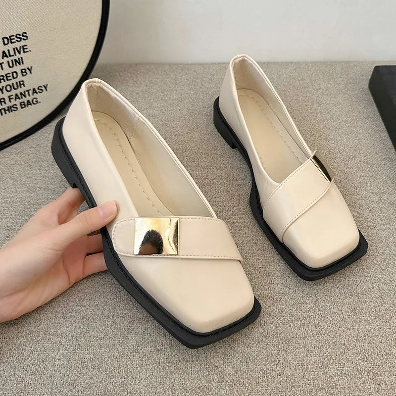 Women's square toe flat shoes with metal buckle in artificial leather