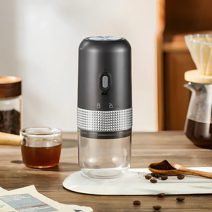 Electric coffee grinder in bright yellow, calm grey, elegant black, or elegant white with 25g bean capacity and TYPE-C charging port