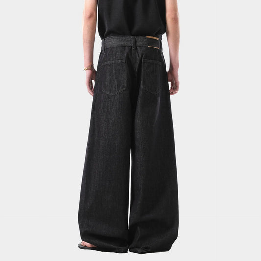 Black high-waist straight-leg jeans with zip placket fly, made from cotton denim fabric