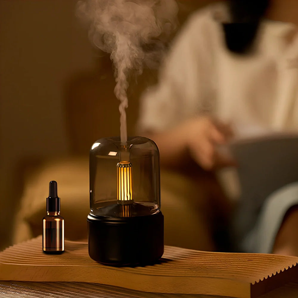 Beige columnar aroma diffuser with candle light simulation, 95x95x150mm dimensions