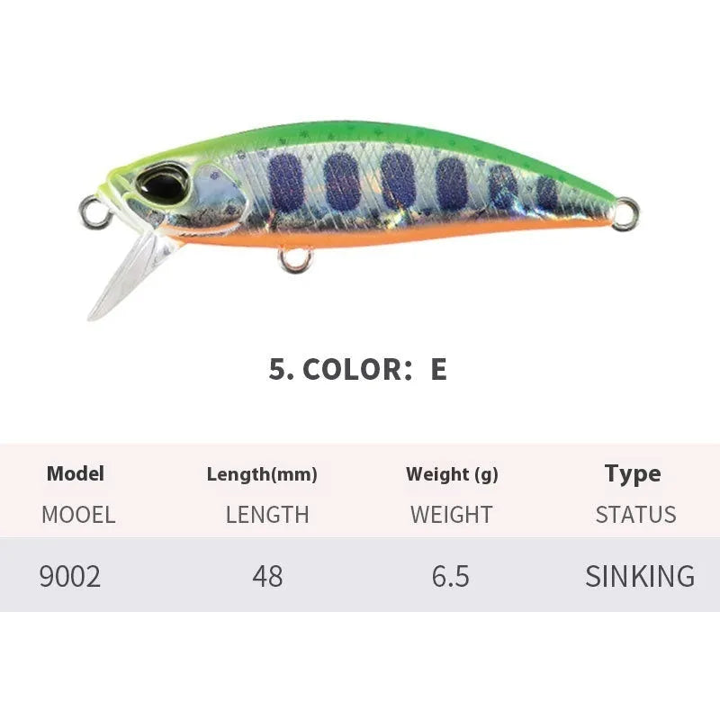 Japanese fishing lure with submerged mino design, 48mm length, 6.5g weight, shown in multiple colour variations