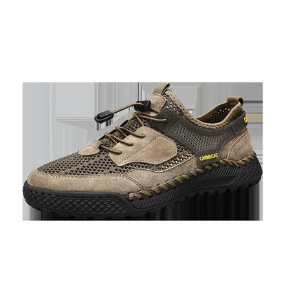 Men's brown suede casual tennis shoes with elastic band closure and hand-stitched rubber sole.