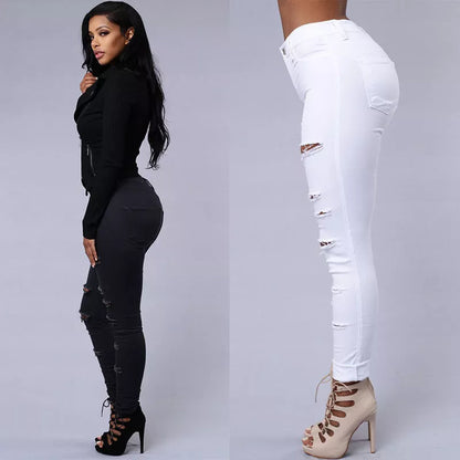 Women's high waist ripped skinny jeans in cotton, available in white and black