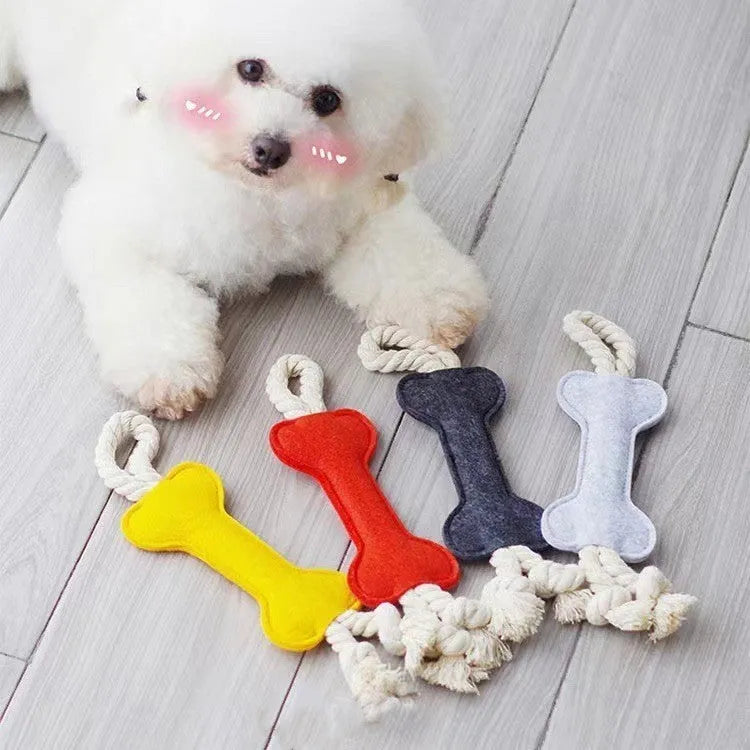 Durable felt bone shaped dog toy with rope knots, in blue colour, for chewing and puzzle play.
