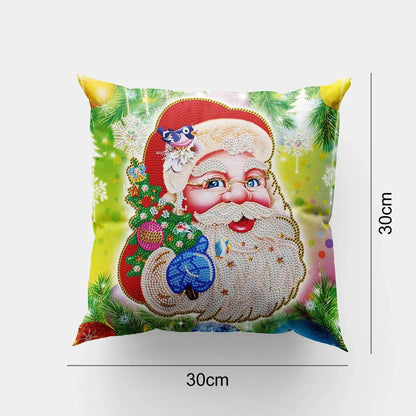 Handmade mandala pattern cushion cover with diamond painting accessories on wooden table
