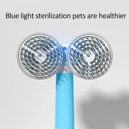 Double-headed negative ion pet brush with self-cleaning feature in pink, blue, and grey