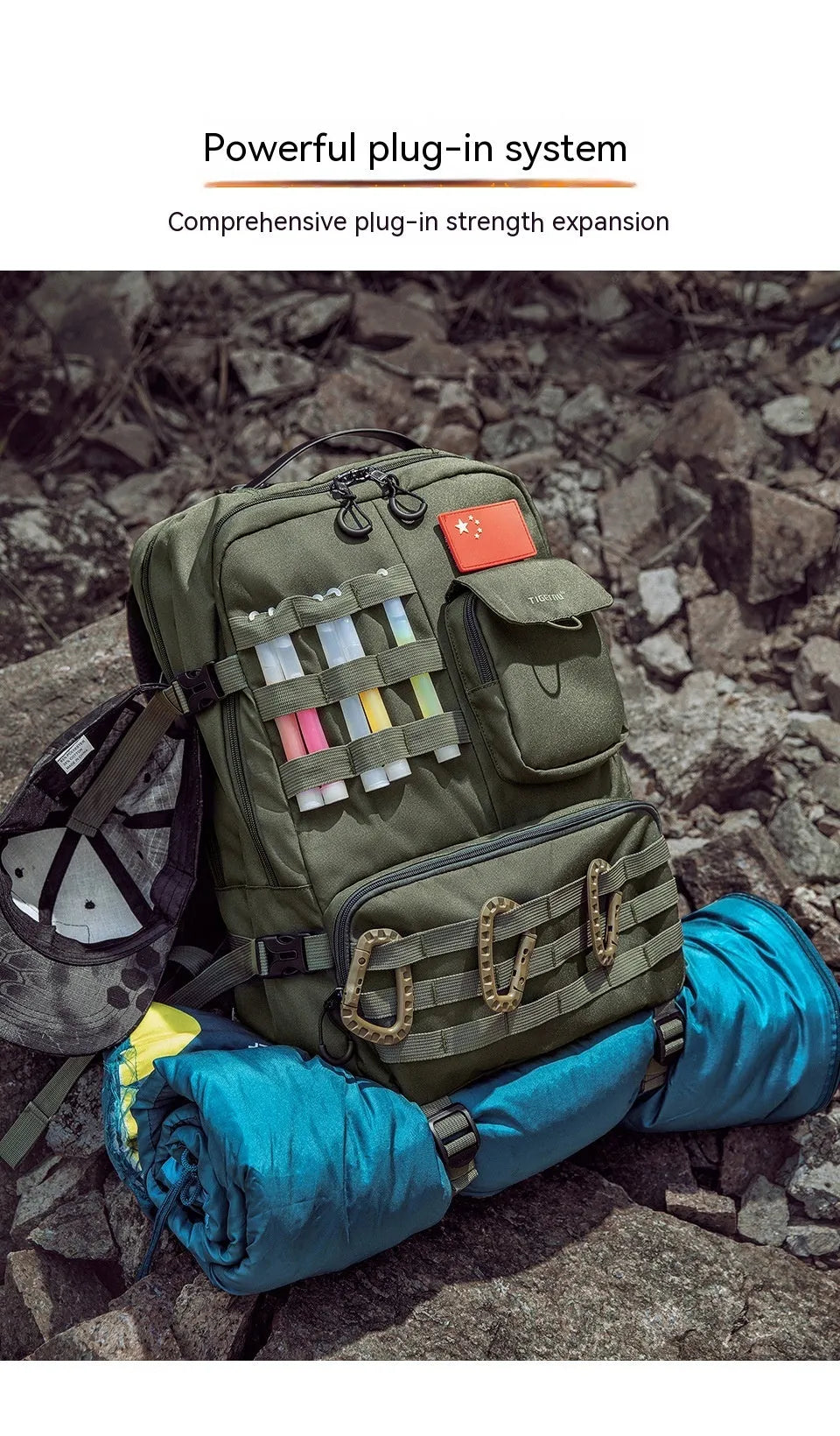 Army green tactical backpack showing 17-inch size with waterproof nylon construction