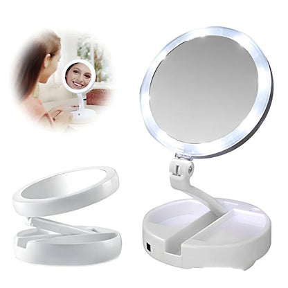 White folding LED makeup mirror showing dual magnification sides and compact storage design