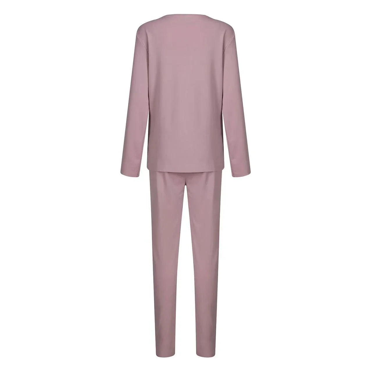 Cozy two-piece loungewear set with crew-neck sweater top and drawstring pants in pink, grey, and navy blue colors