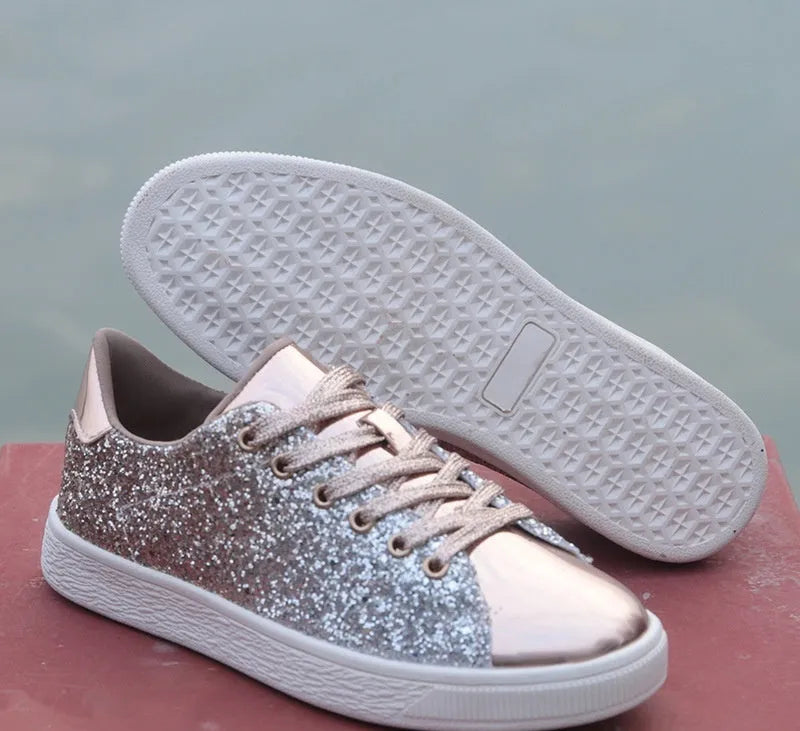 Women's colourful sequin casual low-top shoes in black, pink, and gold colours with lace-up front