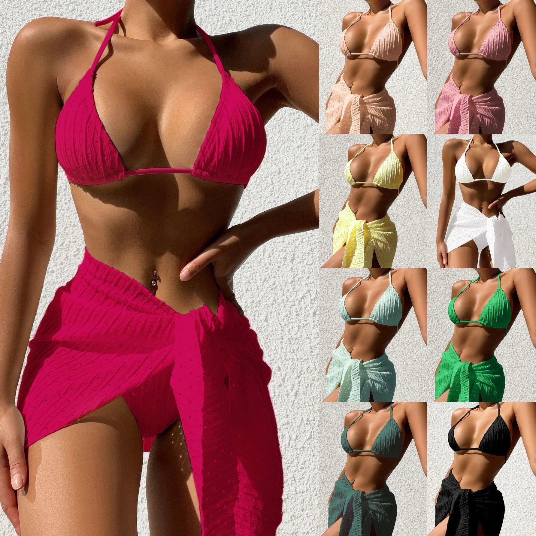 Sexy and stylish three-piece halter swimsuit set with backless bikini top and mesh skirt in various colors