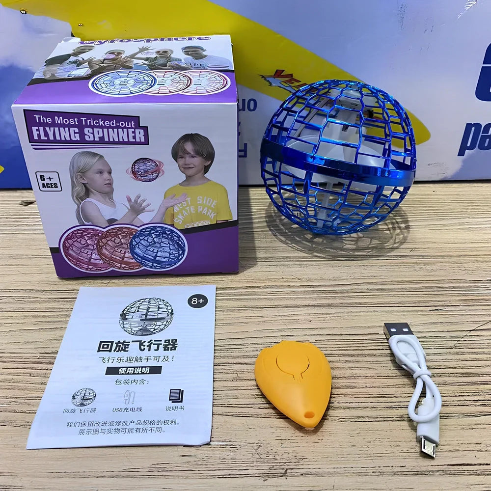 Magic Flying Ball interactive toy showing 9.5cm cube design with remote control and ring attachment options