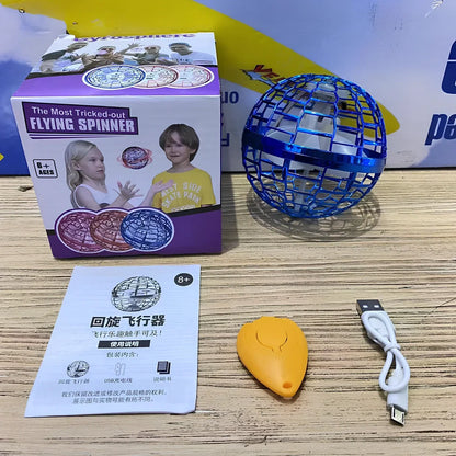 Magic Flying Ball interactive toy showing 9.5cm cube design with remote control and ring attachment options