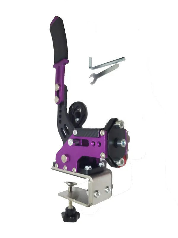 Black USB handbrake controller for PC racing games with a metal mounting clamp.