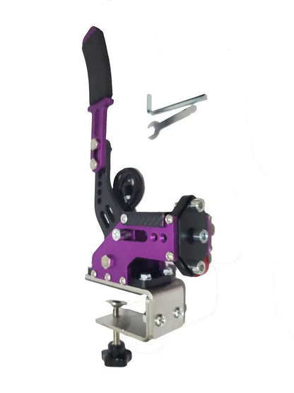 Black USB handbrake controller for PC racing games with a metal mounting clamp.