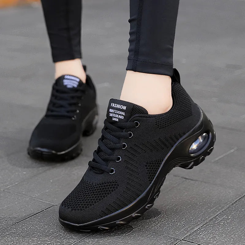 Women's red and black mesh sneakers with round toe, front lace-up, and 3-5cm mid heel on PU sole