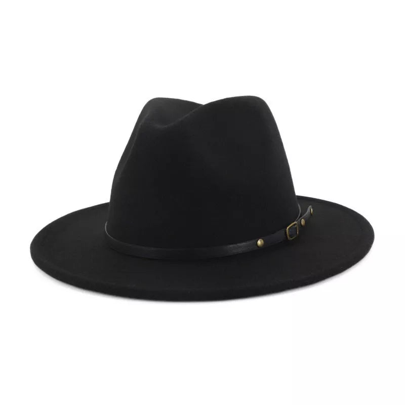 Woolen flat brim fedora jazz hat in black and red, perfect for winter warmth and style