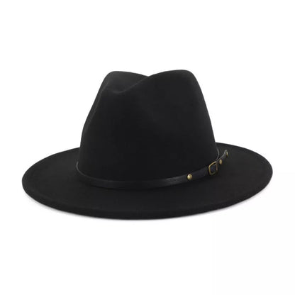 Woolen flat brim fedora jazz hat in black and red, perfect for winter warmth and style