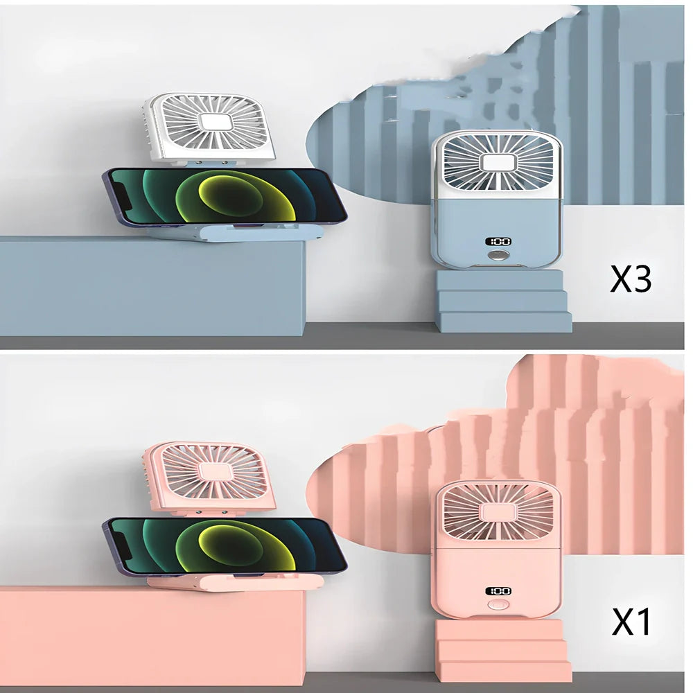 F30Pro folding portable handheld fan in white with digital display, 169x81x20mm size, USB charging, plastic blades for cooling