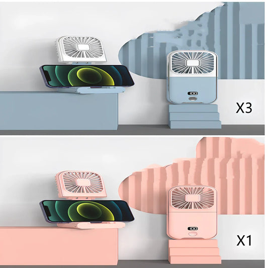 F30Pro folding portable handheld fan in white with digital display, 169x81x20mm size, USB charging, plastic blades for cooling