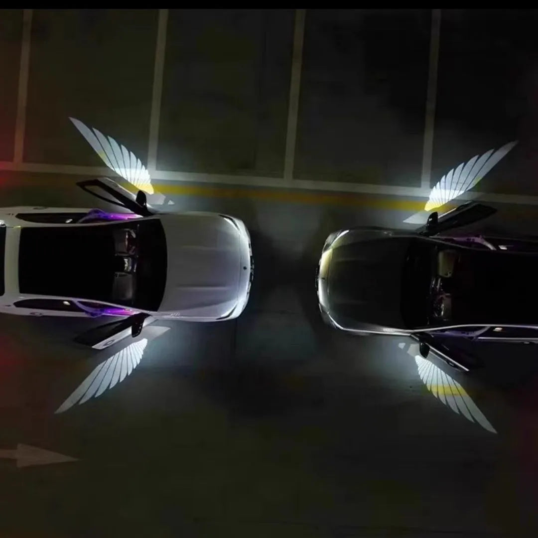 Universal car rearview mirror angel wings projection courtesy lamp with aluminium housing.