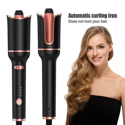 Black automatic hair curler with rotating 16-20mm barrel and digital temperature display showing 10 heat settings