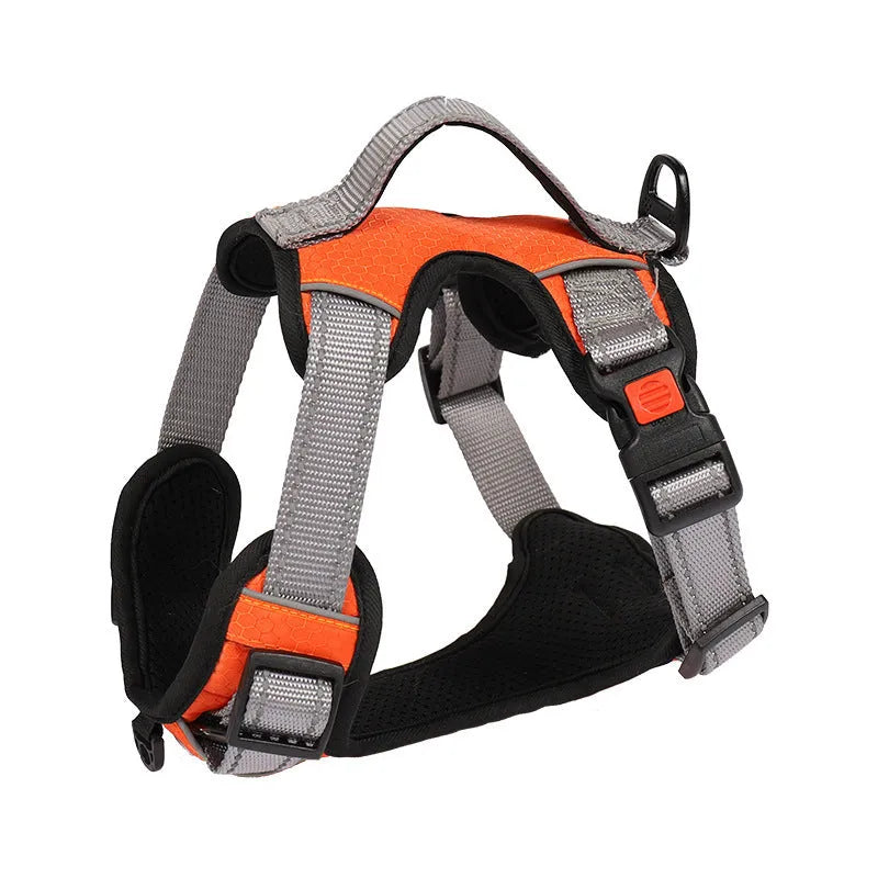Dog vest harness with hand-holding rope attachment, polyester chest strap in multiple colours including orange, rose red, black, fluorescent green, grey, and red, available in sizes M, L, and XL for secure dog walking and control.
