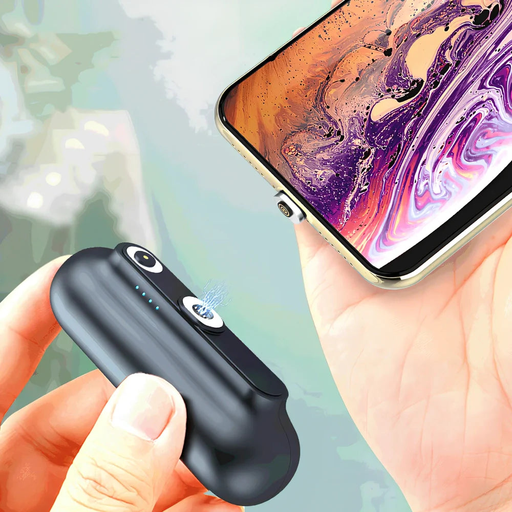 Black and white magnetic mini power bank showing compact dimensions and interchangeable charging heads