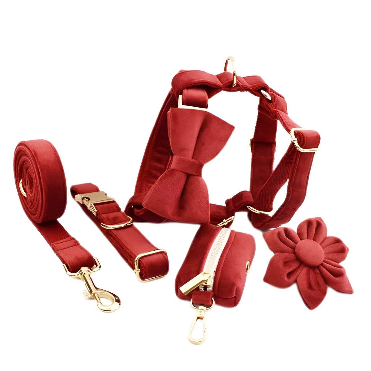 Cloth dog collar set with matching leash, vest, bow tie, and poop bag holder for small to extra large dogs