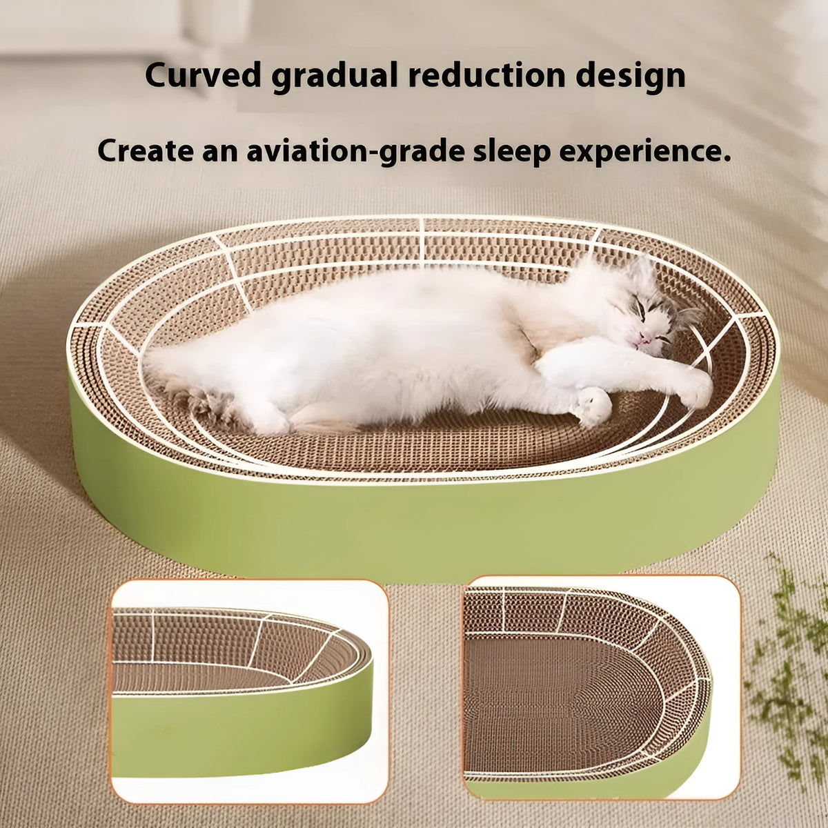 Green oval corrugated paper cat scratch board nest measuring 55cm diameter