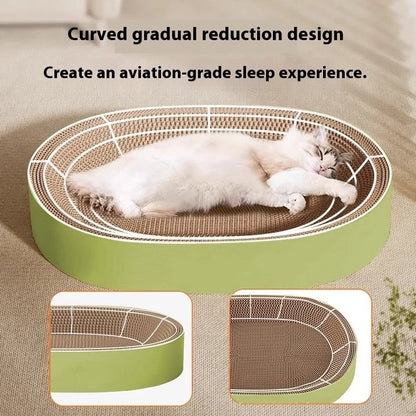 Green oval corrugated paper cat scratch board with 55cm diameter and integrated cat nest