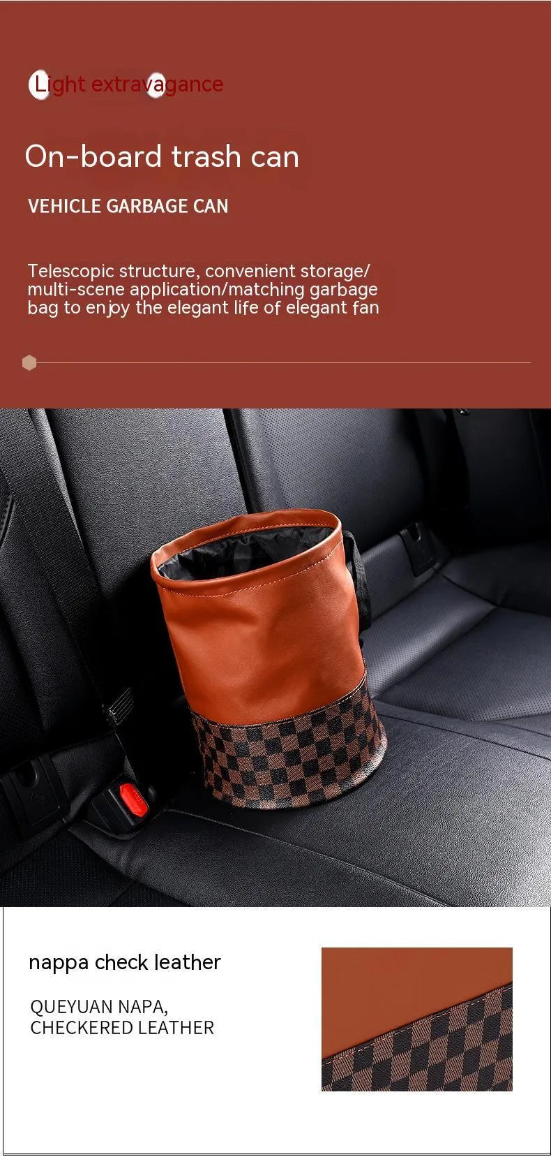 Black leather foldable car rubbish bin with a handle, shown empty.