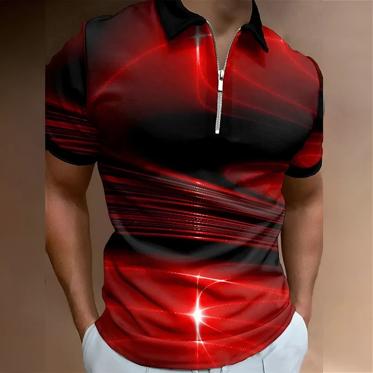Men's blue loose fit short sleeve polo shirt with a zipper lapel front.