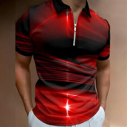 Men's blue loose fit short sleeve polo shirt with a zipper lapel front.