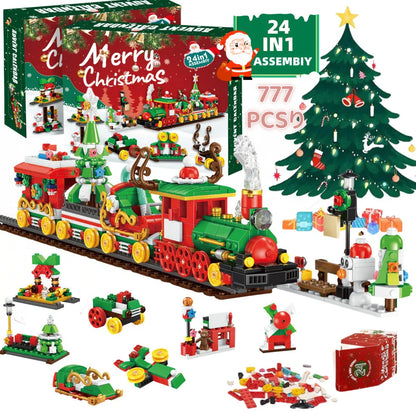 Christmas building block toy set with small particle plastic blocks in colour box packaging measuring 27-31.3cm