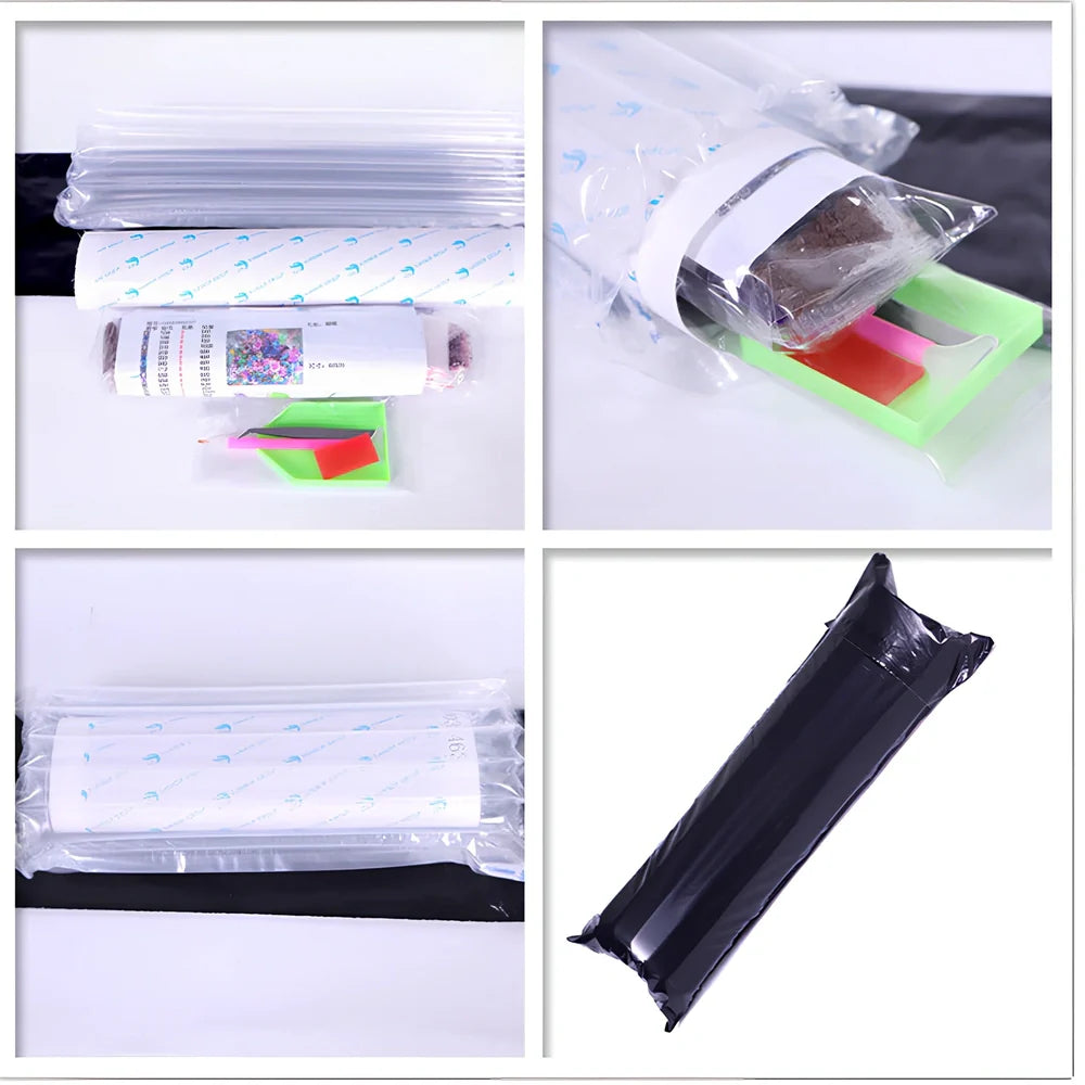 Diamond painting DIY kit showing five consecutive 70x35cm oil-on-canvas artworks with diamond application in progress