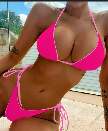 Women's lace-up triangle split bikini set in polyester fabric with multiple colour style options