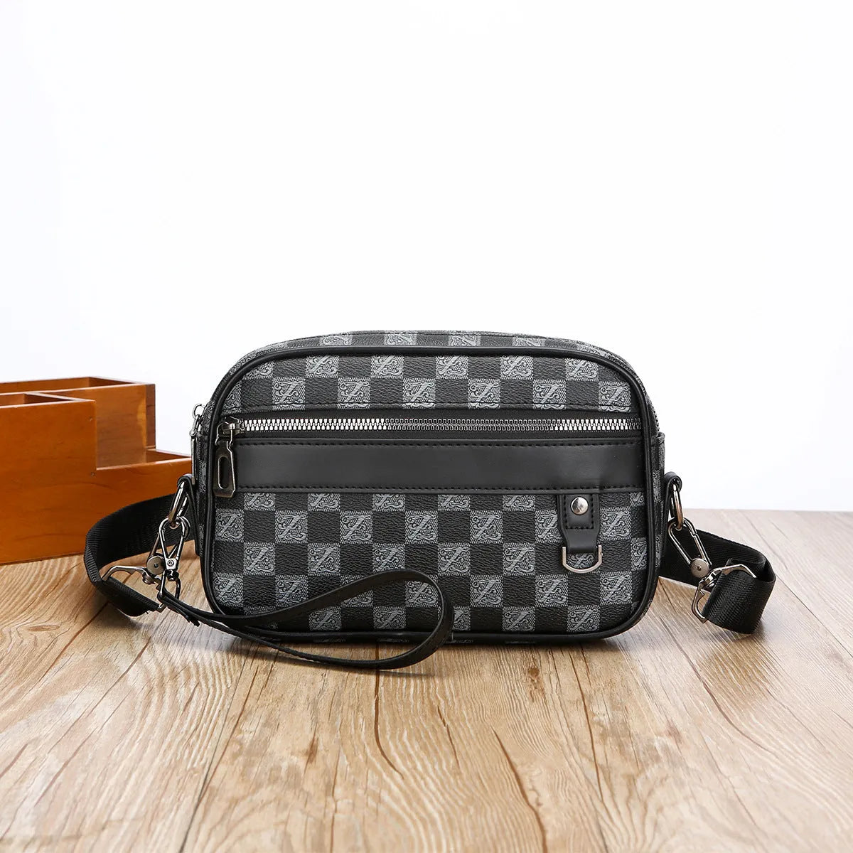 Men's black geometric pattern PU leather messenger bag with handheld horizontal design