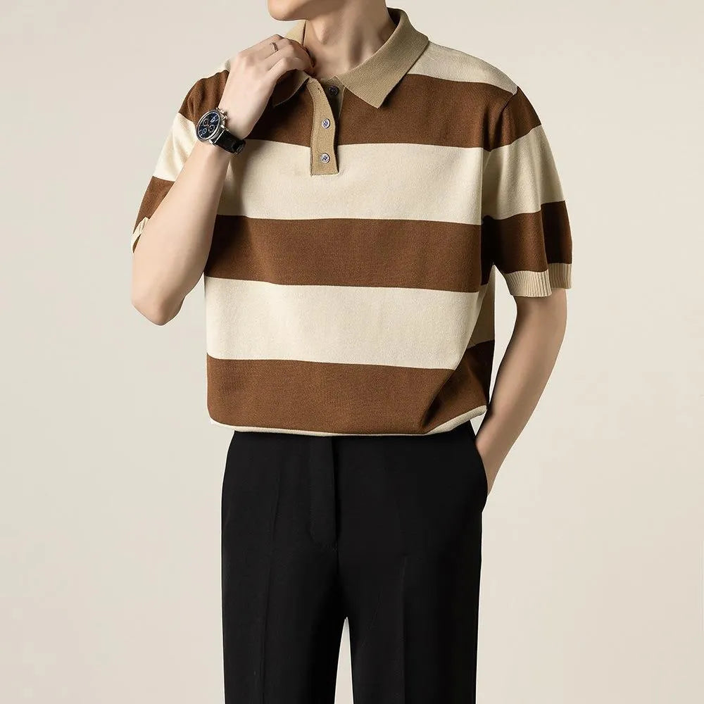 Men's striped short-sleeved business T-shirt in polyester, shown in black, coffee, white, and dark grey.