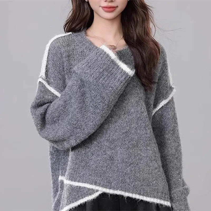 Women's loose cotton pullover sweater in gray or milky white with regular sleeves, free size
