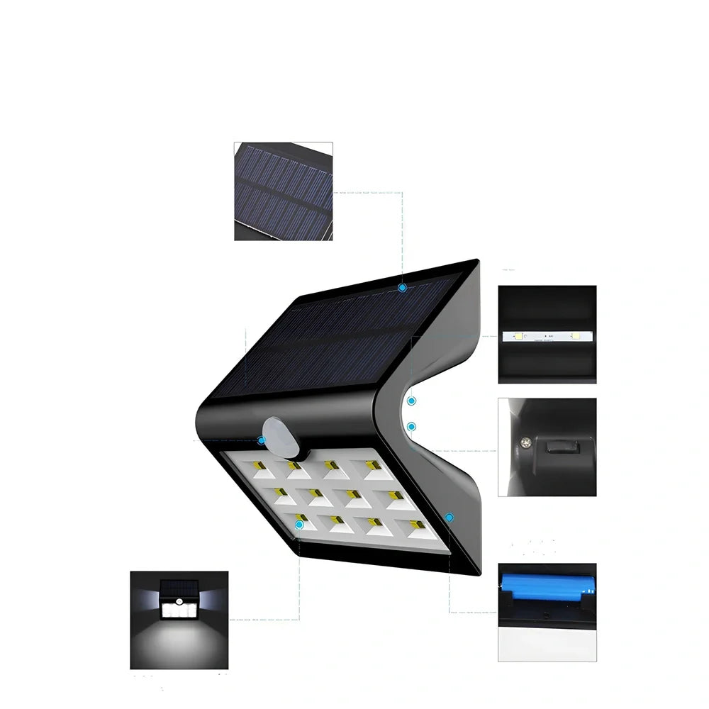 Solar outdoor wall light with dimensions 120x80x110mm for garden security lighting