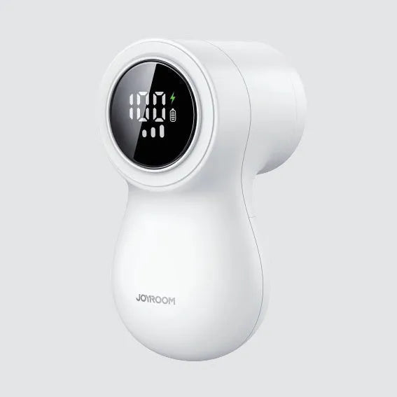 White electric lint remover with LED display showing fabric shaver dimensions 126x73x68mm