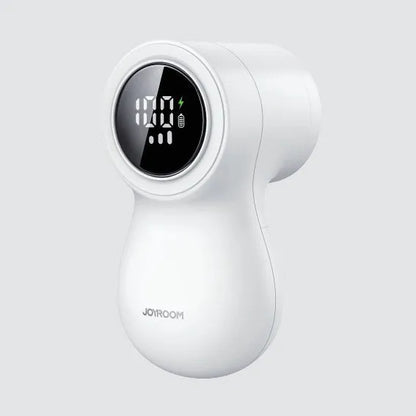 White electric lint remover with LED display showing fabric shaver dimensions 126x73x68mm
