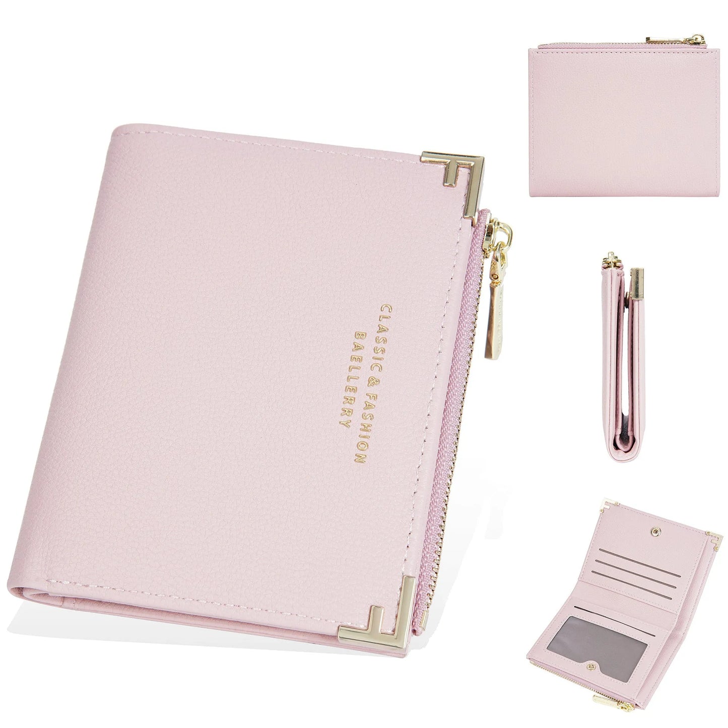 Slim pink PU leather women's wallet with card slots and a zipper coin compartment.