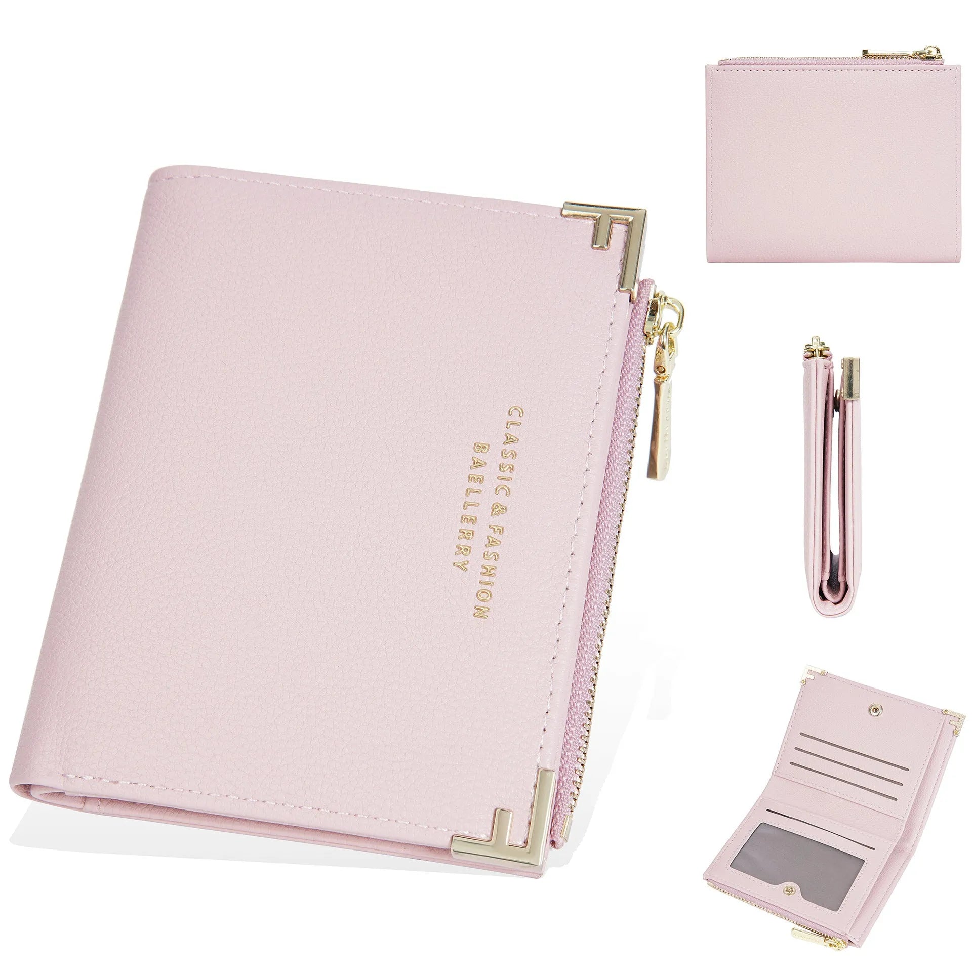 Slim pink PU leather women's wallet with card slots and a zipper coin compartment.