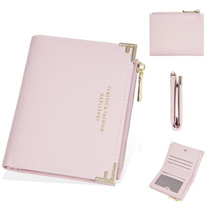 Slim pink PU leather women's wallet with card slots and a zipper coin compartment.