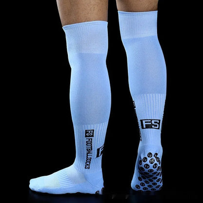 Anti-slip dispensing knee-length football socks in polyester, available in ten colours including black, white, red, and blue.